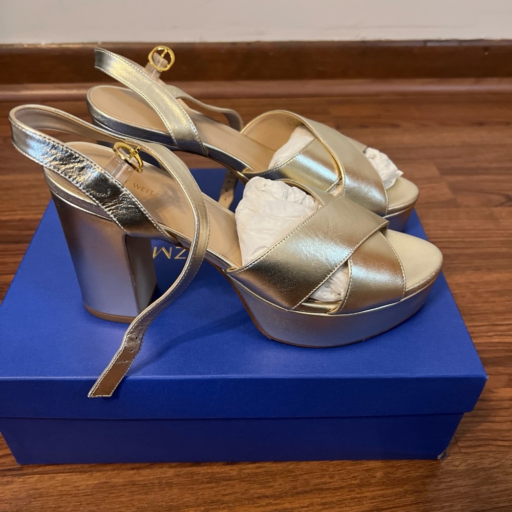 Stuart Weitzman Platform Mariposa, Metallic Napa, Block Heel Sz 8, New/box